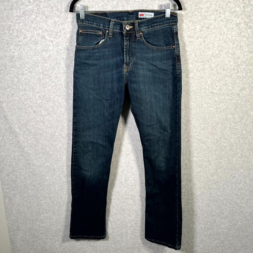 Wrangler Jeans Mens 29x30 Blue Denim Cotton Stretch Logo Slim Fit Straight Leg